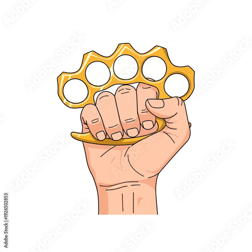 Hand holding brass knuckles, symbol of aggression and danger