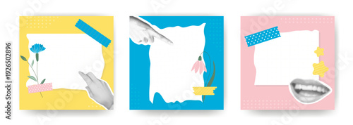 Set of collage mockups with space for text. Square templates with torn paper, hands and mouths halftone, flowers attached with stickers. Templates for spring and summer design. Vector graphics
