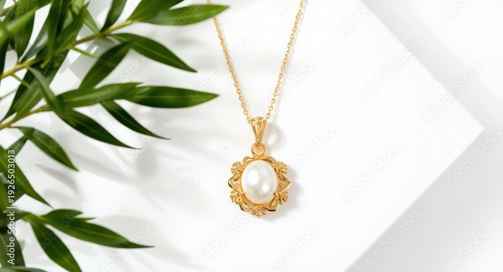 Fototapeta premium Stylish gold necklace isolated with soft natural light and greenery