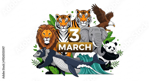World wildlife day illustration with animals on march 3 featuring lion tigers elephant eagle panda whale and dolphin