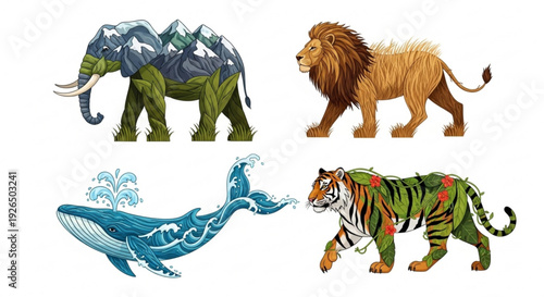 Vibrant animal silhouettes with natural scenery and foliage patterns elephant lion whale tiger wildlife illustrations