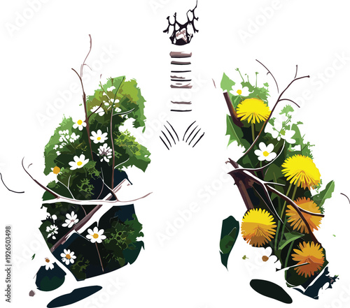 Human Lungs Made of Flowers and Leaves Concept Illustration, Nature and Environment Health Symbol with Botanical Elements Vector Design
