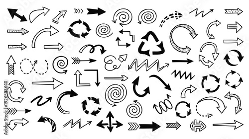 A variety of black and white arrows and recycling symbols
