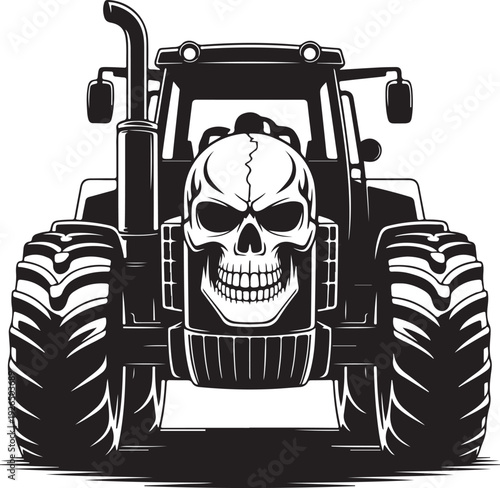 blackandwhite illustration of tractor with skull on front grille
