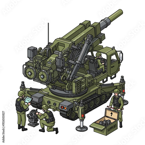 Military Artillery Crew Servicing Howitzer Cannon on White Background