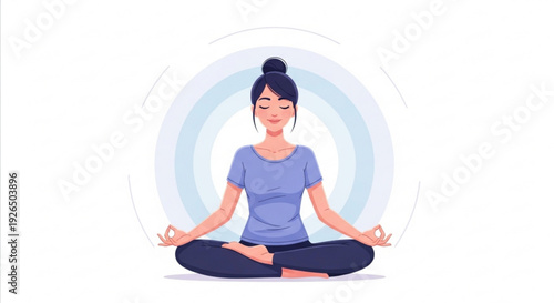 Woman meditating in lotus position with closed eyes surrounded by soft blue aura on white background