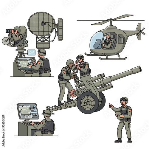 Military Operations: Soldiers, Artillery, Radar, Helicopter, and Command Center