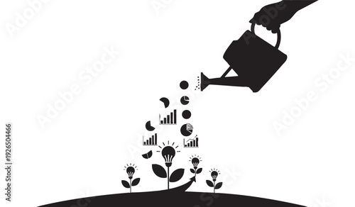 Business growth concept: Watering can nurturing plant sprouts with charts and a light bulb idea.