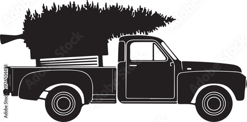 Pickup Truck with Christmas Tree Silhouette