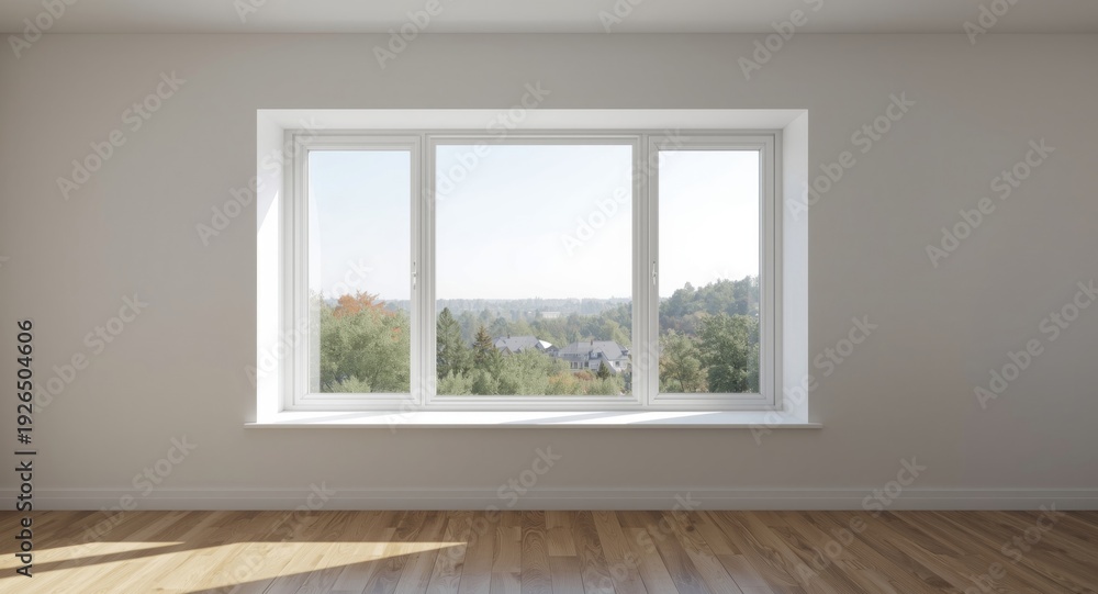 Fototapeta premium Wide open single white window showing outside view in a large house room