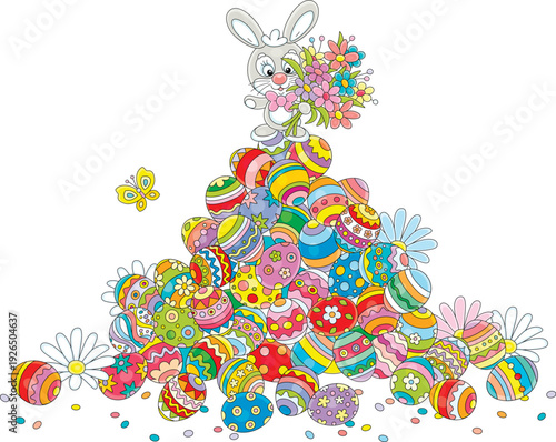 Greeting card with a happy Easter bunny with spring flowers on a pile of colorfully painted gift eggs with a merry butterfly flying around, vector cartoon illustration isolated on white