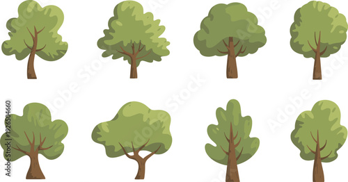 Flat hand drawn green tree vector set, for natural environment, forest landscape, and eco friendly design