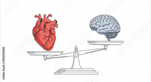Heart and brain balancing on scales symbolizing emotions versus logic decision making concept