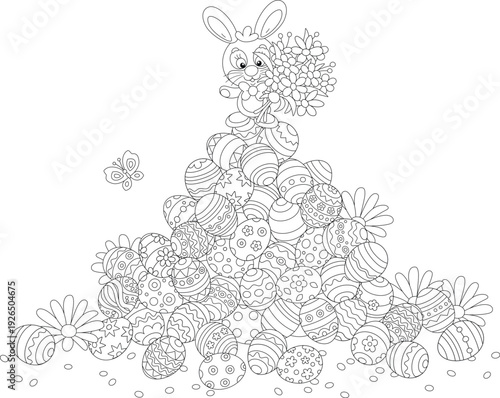 Greeting card with a happy Easter bunny with spring flowers on a pile of painted gift eggs with a merry butterfly flying around, black and white vector cartoon illustration for a coloring book