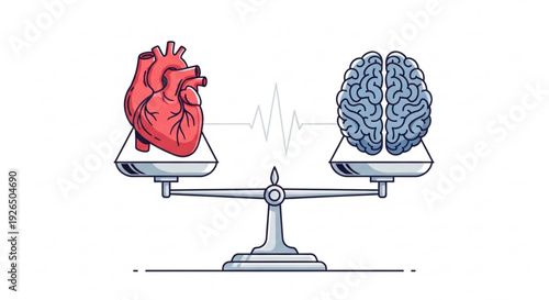 Heart and brain balancing on scales with heartbeat line symbolizing emotions and thoughts in harmony