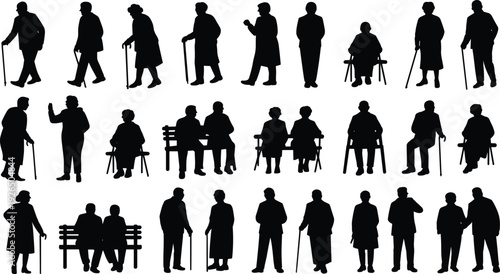 Senior citizens silhouette collection with elderly men and women walking with cane, sitting on bench and standing isolated vector set
