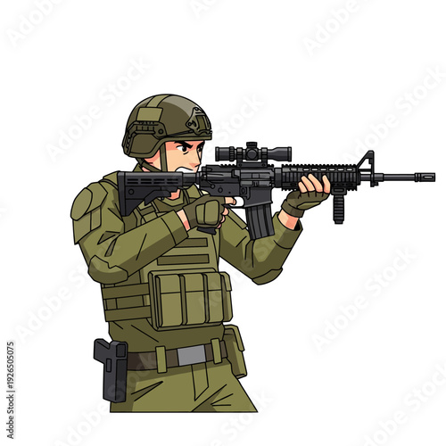 Pixel Art Soldier Aiming Rifle with Scope, Military Combat Character
