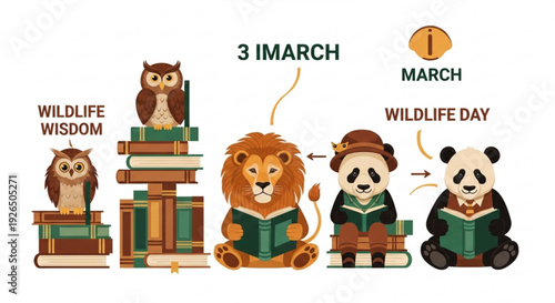 World wildlife day illustration with cartoon animals reading books on conservation and wildlife wisdom on march 3rd