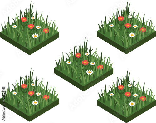 Green isometric flower garden grass vector set, for outdoor landscape design, nature park, and environment elements