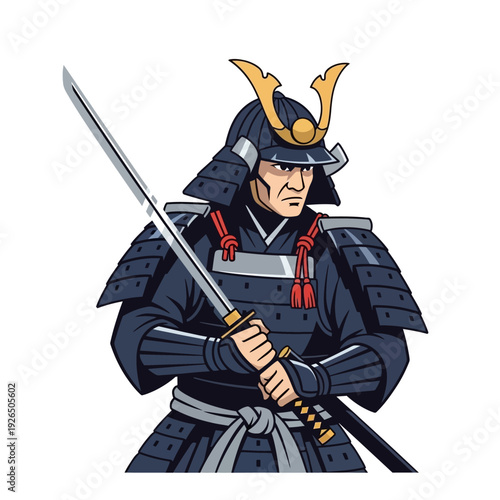 Samurai Warrior in Traditional Armor Holding Katana Sword, Japanese Fighter Illustration