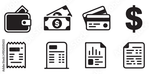 Billing and payment icon collection with wallet cards receipt dollar and statistical report pages