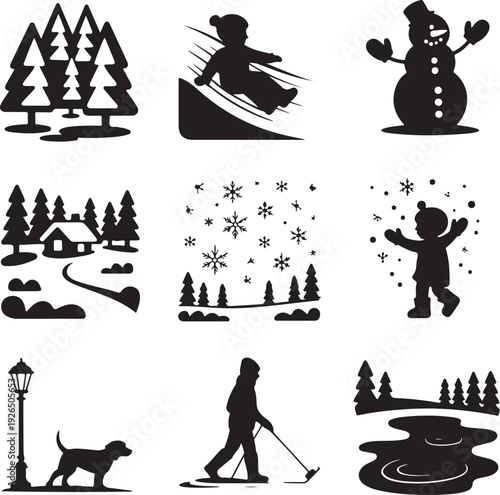 Black silhouettes of winter activities and scenery icons