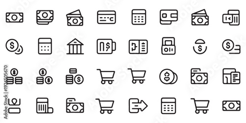 Money and payment line icons collection linear style symbols isolated on white background