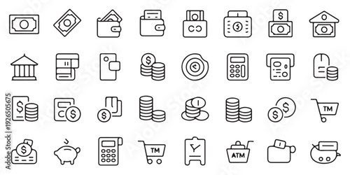 Money and payment line icons collection linear style symbols isolated on white background