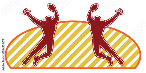 Two jubilant football players leaping in the air with arms raised and footballs, vibrant background