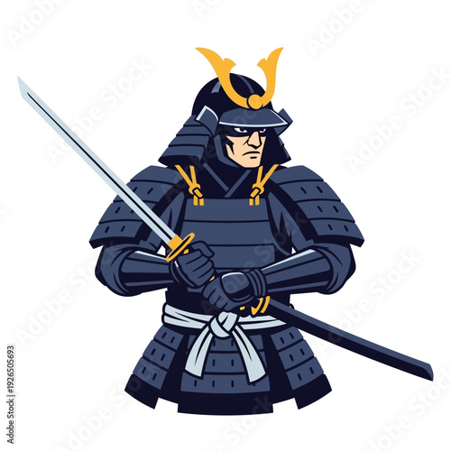 Samurai Warrior in Traditional Armor Holding Katana Sword, Japanese Fighter