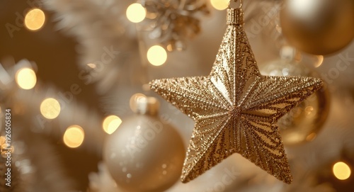 Refined festive backdrop featuring a radiant gold star ornament with shimmering details enhancing holiday charm