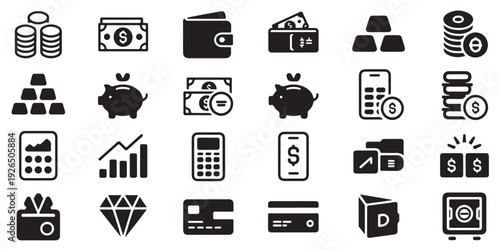 Business management icons collection with gold bars piggy bank calculators and growth chart graphs