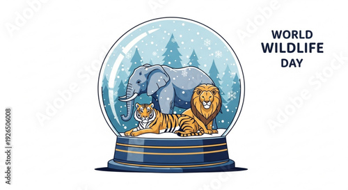 World wildlife day illustration featuring endangered animals in a snow globe with tiger lion and elephant in a serene winter forest scene