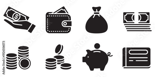 Financial wealth icons depicting hand receiving cash money bag stacks of coins and savings bank box