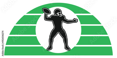 Black silhouette of a quarterback in a stylized arc, throwing an American football