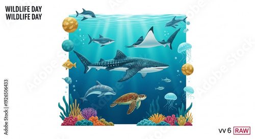 Vibrant underwater scene with diverse marine life including sharks rays and sea turtles celebrating world wildlife day