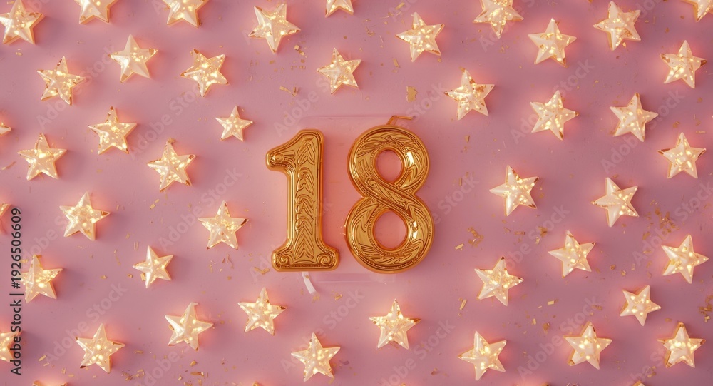 Fototapeta premium Golden number eighteen birthday candle framed by luminous stars on a delicate pink backdrop