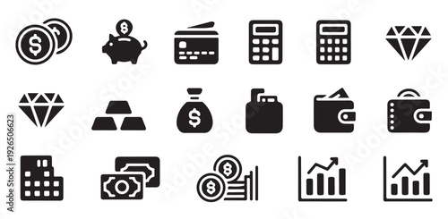 Financial and business icon collection with diamond gold bars money bag wallet calculator credit cards piggy bank