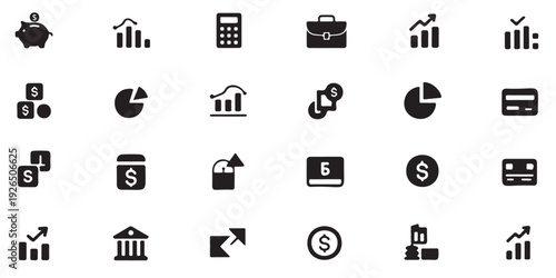 Collection of financial icons including piggy bank calculator briefcase charts money coins bank credit cards
