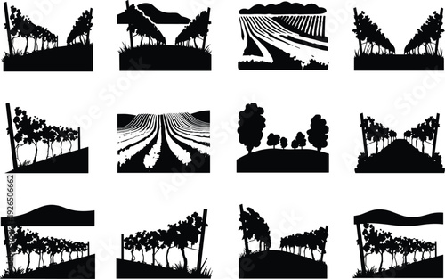Vineyard landscape silhouettes with rolling hills and fields