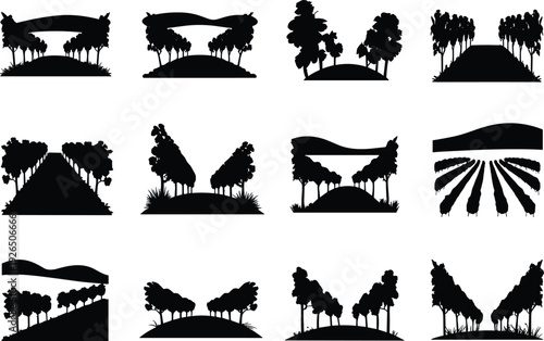 Twelve black silhouette landscape scenes with trees and hills