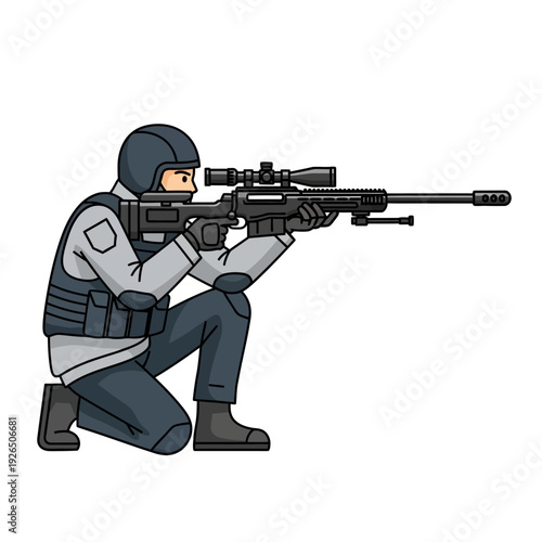 Soldier aiming sniper rifle, tactical gear, special forces, military illustration