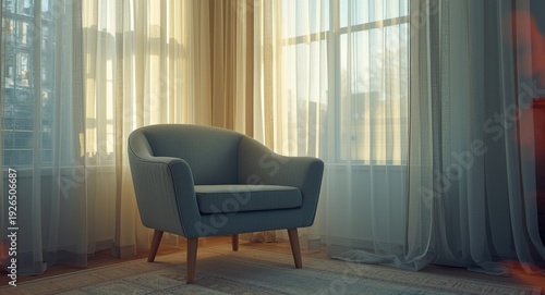Peaceful home corner showcasing grey armchair alongside translucent curtains and daylight
