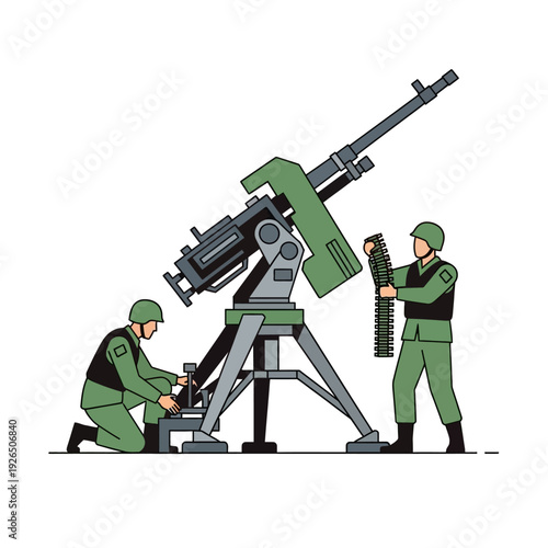 Soldiers Operating Anti-Aircraft Gun with Ammunition Belt