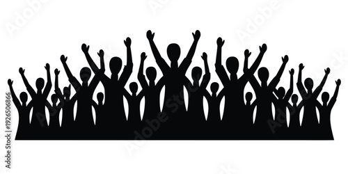 Black silhouette of a large group of cheering, arms-raised fans, embodying sports enthusiasm and collective energy