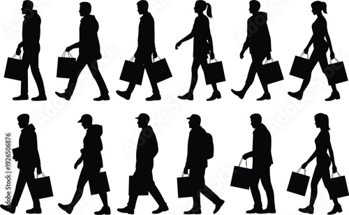 A set of black silhouettes of people walking with shopping bags