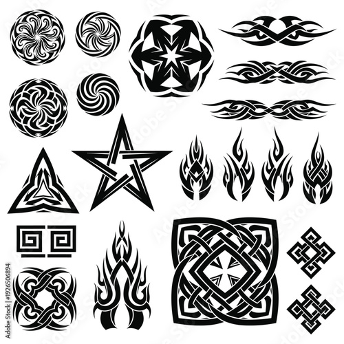 A collection of black and white tribal and celtic designs