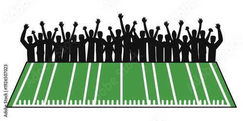 Black silhouette of cheering fans above a green American football field with yard lines, celebratory sports scene