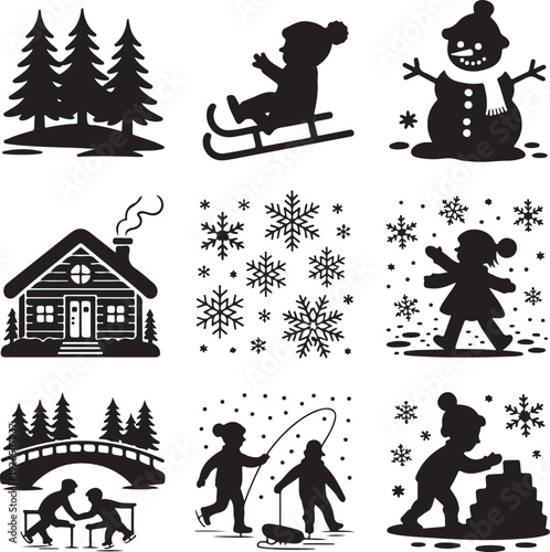 black silhouettes of winter activities and scenery