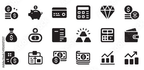 Business and investment symbols featuring gold bars diamonds calculators and growth charts icons